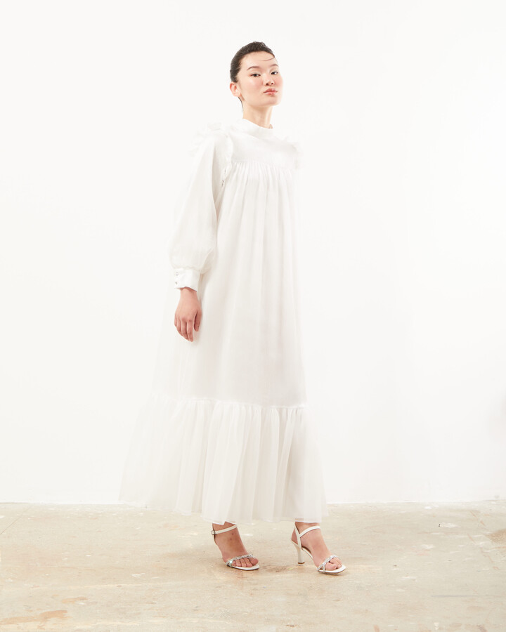 Beyaz Robadan Büzgülü Thalia Elbise