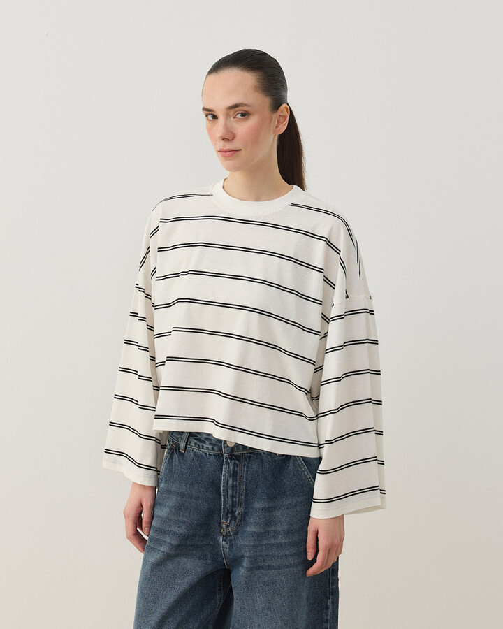 Çizgili Süprem Crop Kimono Kısa Bluz Siyah Çizgili