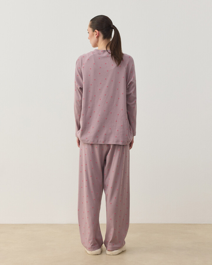 Desenli Fitilli Penye Relax Pijama Takımı Mürdüm Çiçekli