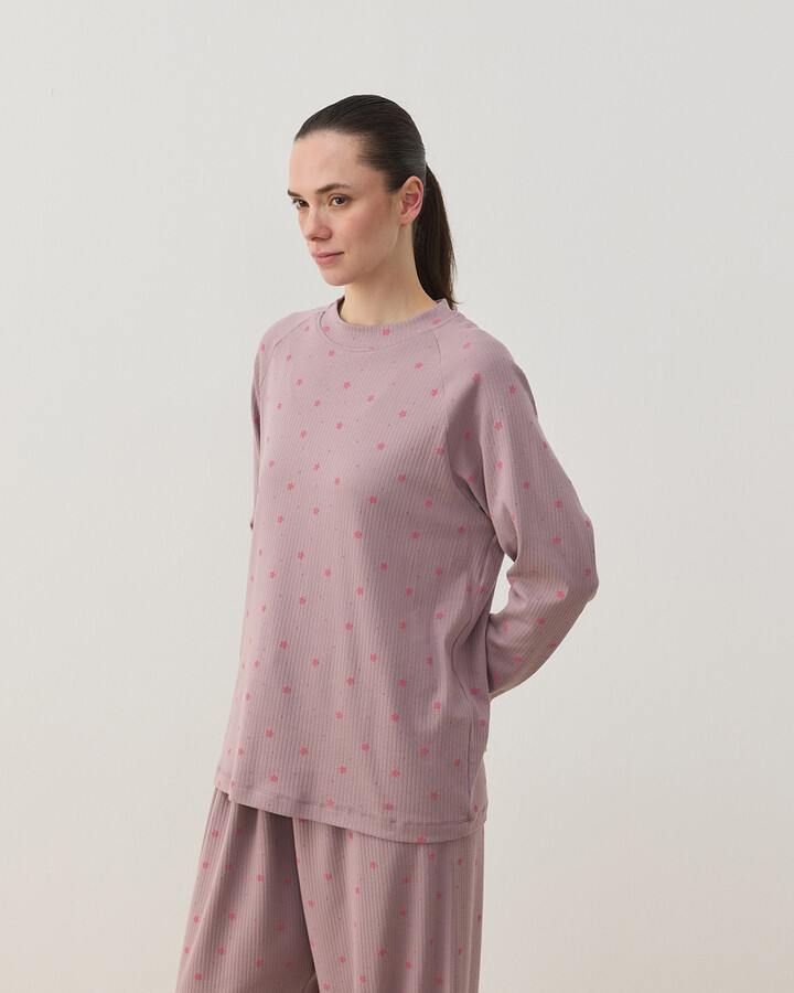 Desenli Fitilli Penye Relax Pijama Takımı Mürdüm Çiçekli