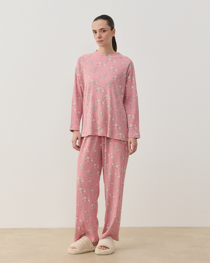 Desenli Fitilli Penye Relax Pijama Takımı Pembe Çiçekli