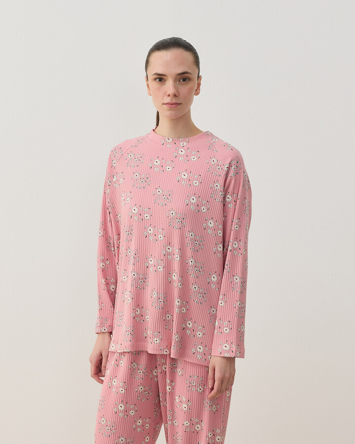 Desenli Fitilli Penye Relax Pijama Takımı Pembe Çiçekli