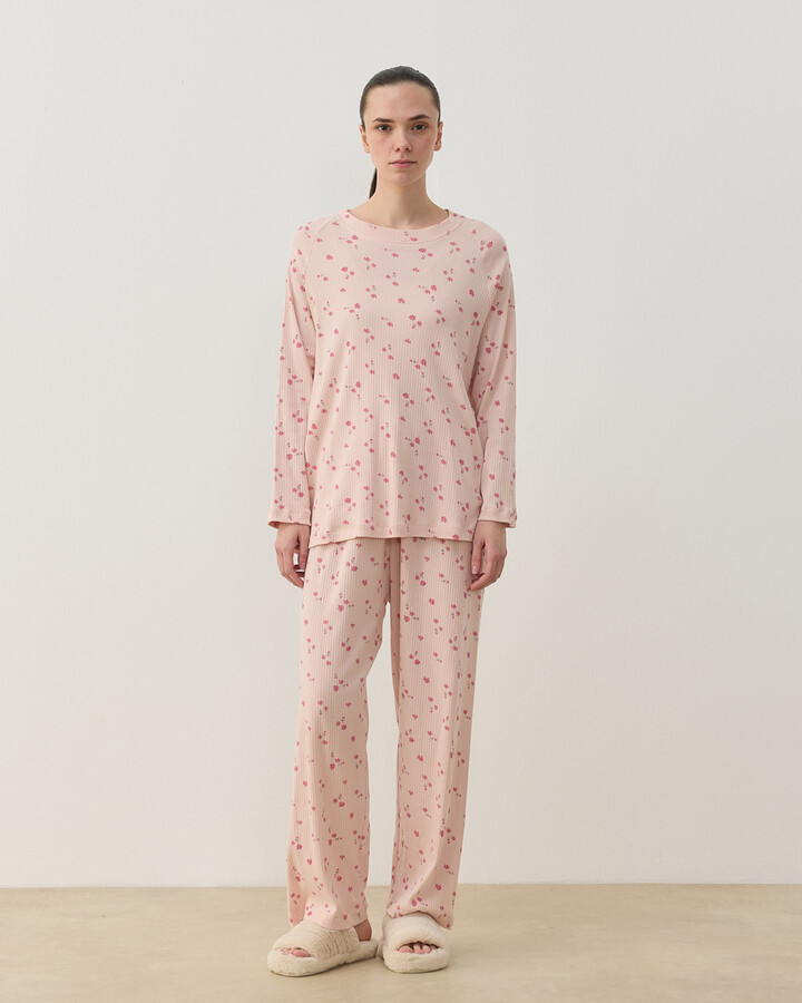 Desenli Fitilli Penye Relax Pijama Takımı Pudra Çiçekli