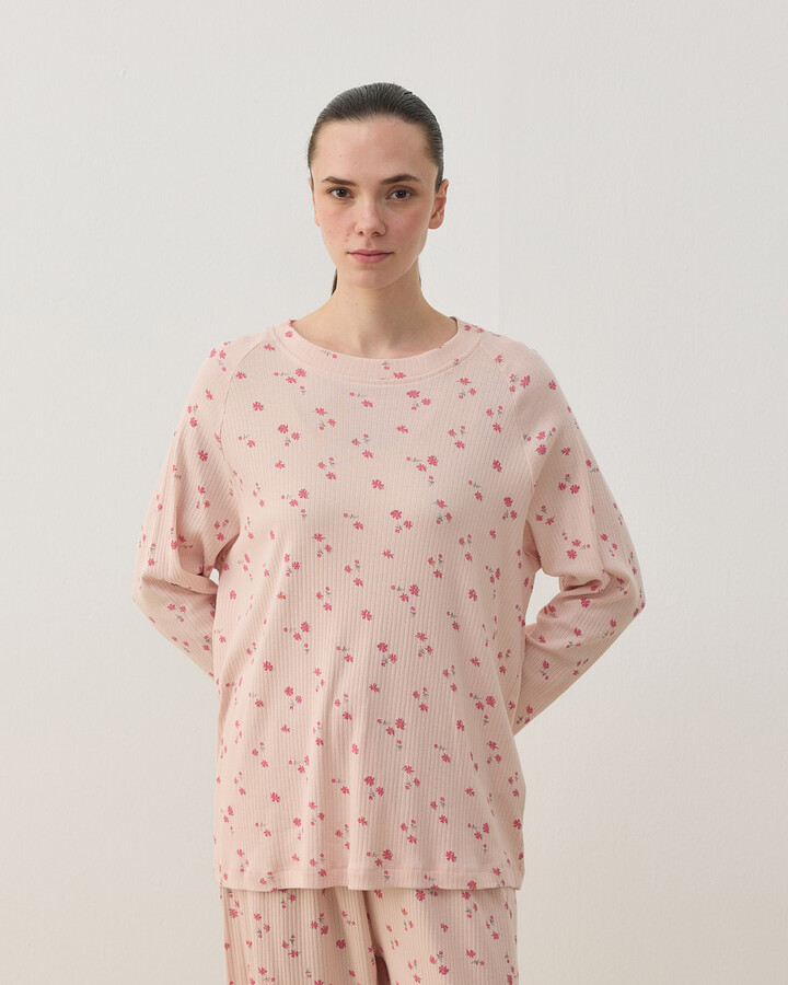 Desenli Fitilli Penye Relax Pijama Takımı Pudra Çiçekli