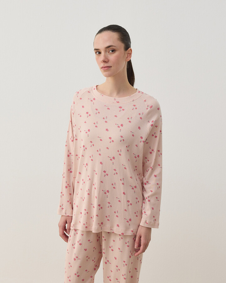 Desenli Fitilli Penye Relax Pijama Takımı Pudra Çiçekli