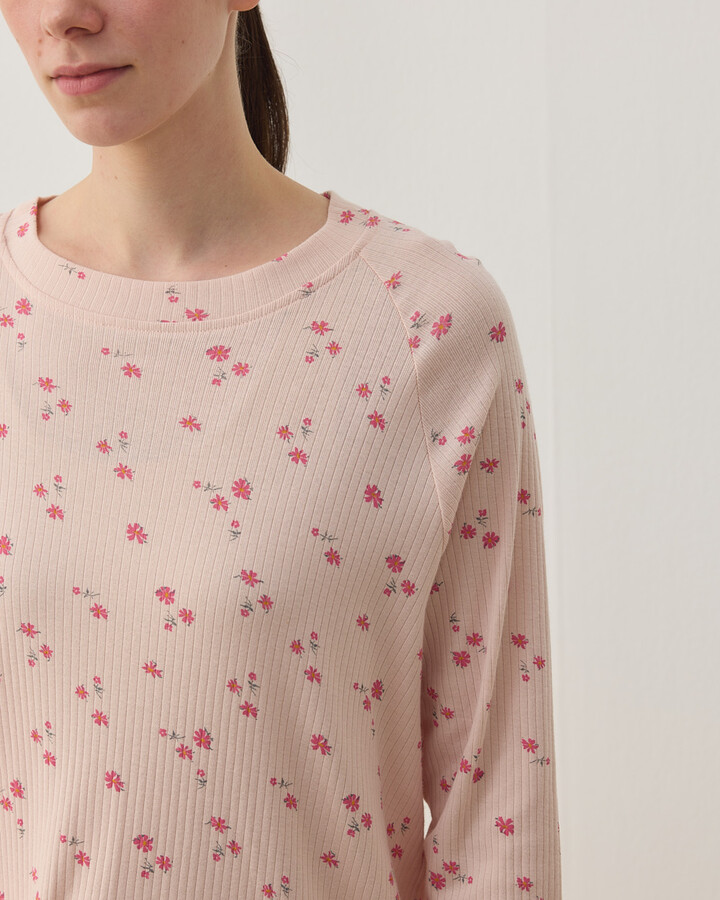 Desenli Fitilli Penye Relax Pijama Takımı Pudra Çiçekli