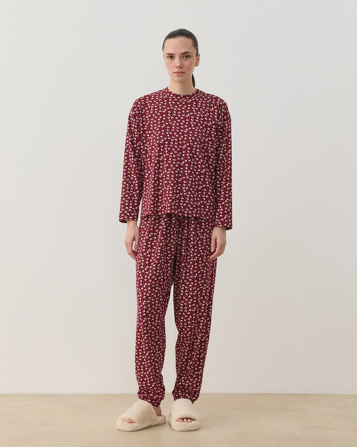 Desenli Penye Jogger Pijama Takımı Bordo Çiçekli