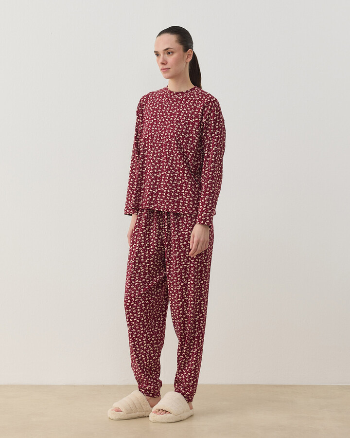 Desenli Penye Jogger Pijama Takımı Bordo Çiçekli