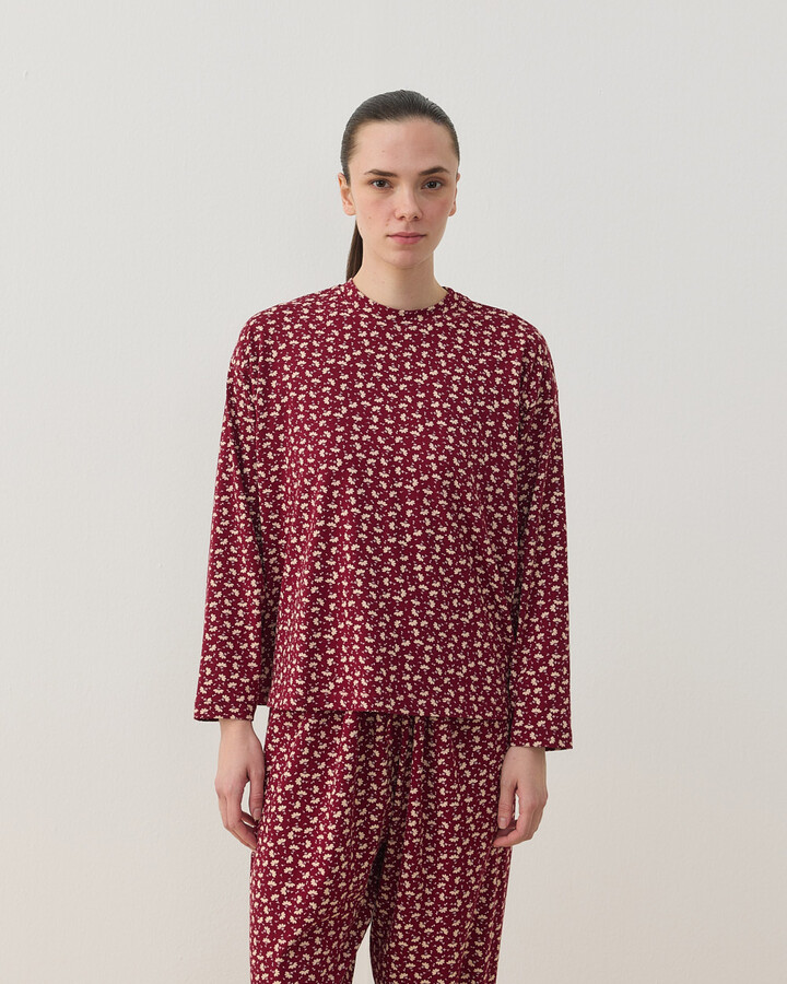 Desenli Penye Jogger Pijama Takımı Bordo Çiçekli