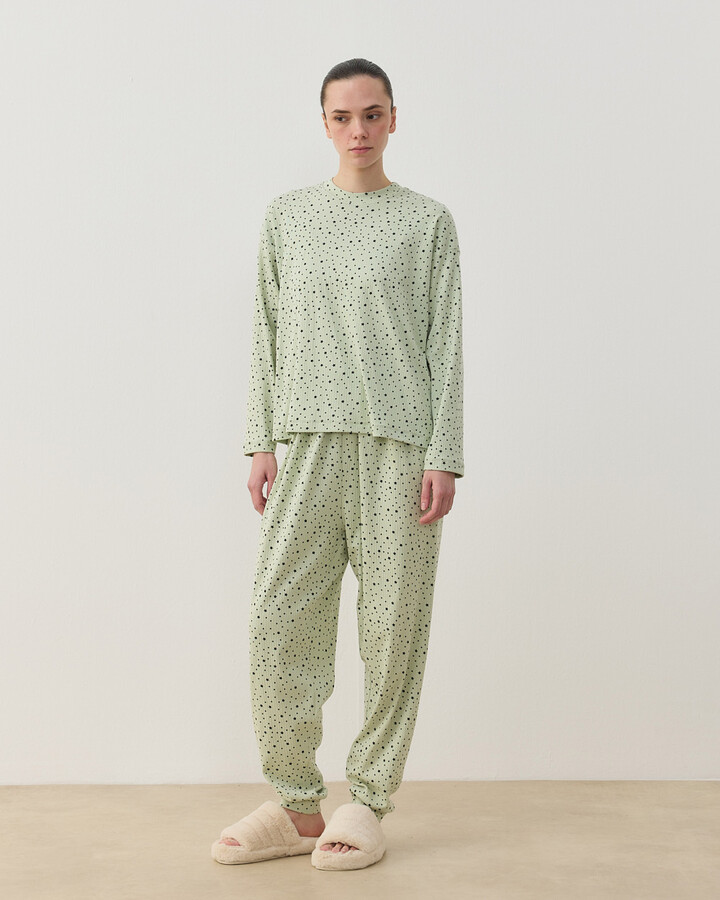 Desenli Penye Jogger Pijama Takımı Mint Yıldızlı