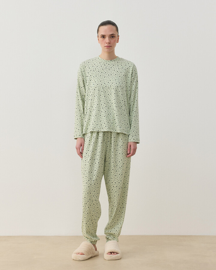 Desenli Penye Jogger Pijama Takımı Mint Yıldızlı