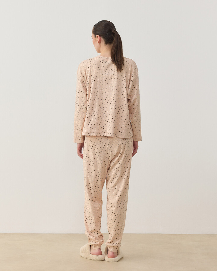 Desenli Penye Jogger Pijama Takımı Pudra Puantiyeli