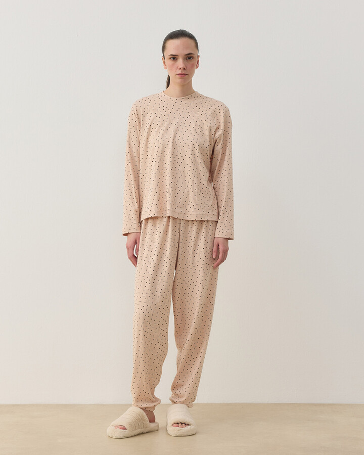 Desenli Penye Jogger Pijama Takımı Pudra Puantiyeli