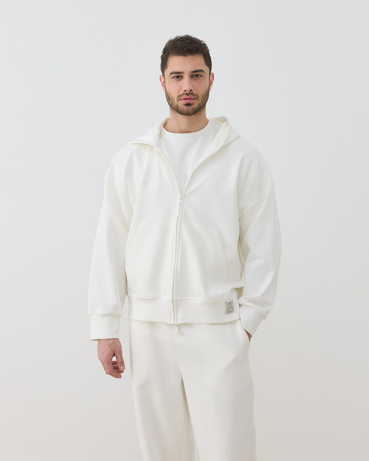 Erkek Premium Doubleface Fermuarlı Kapüşonlu Sweatshirt Ekru