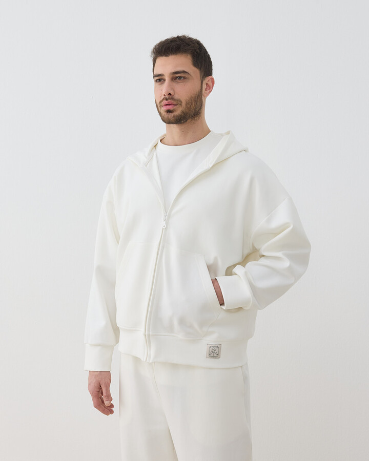Erkek Premium Doubleface Fermuarlı Kapüşonlu Sweatshirt Ekru
