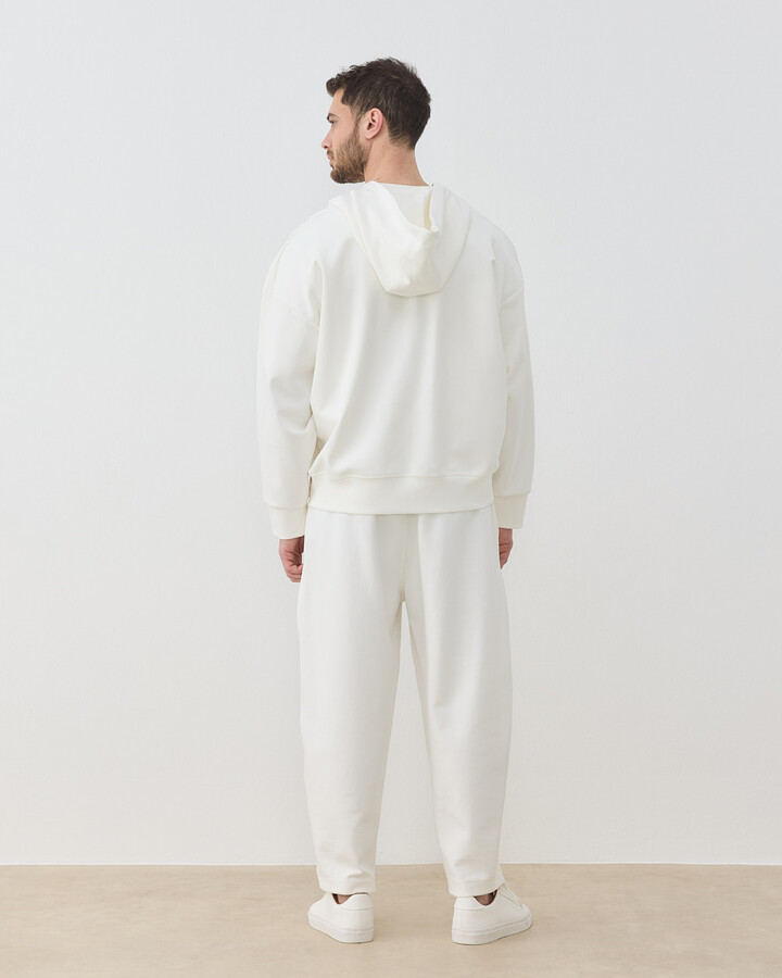 Erkek Premium Doubleface Fermuarlı Kapüşonlu Sweatshirt Ekru
