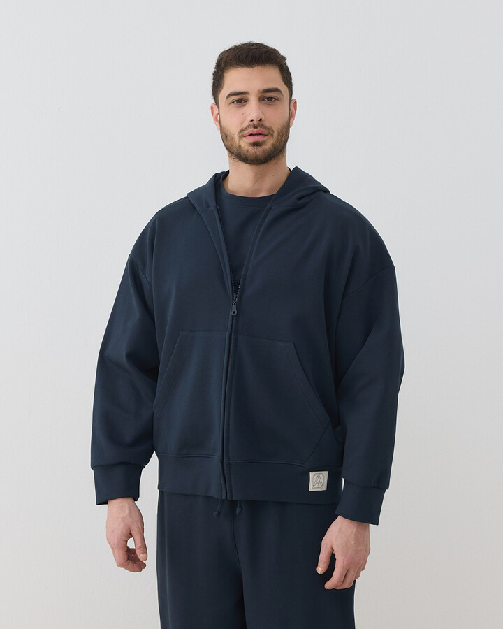 Erkek Premium Doubleface Fermuarlı Kapüşonlu Sweatshirt Lacivert