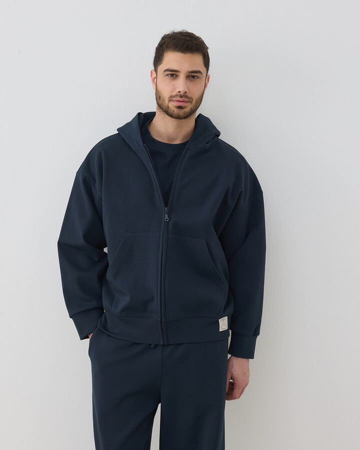 Erkek Premium Doubleface Fermuarlı Kapüşonlu Sweatshirt Lacivert