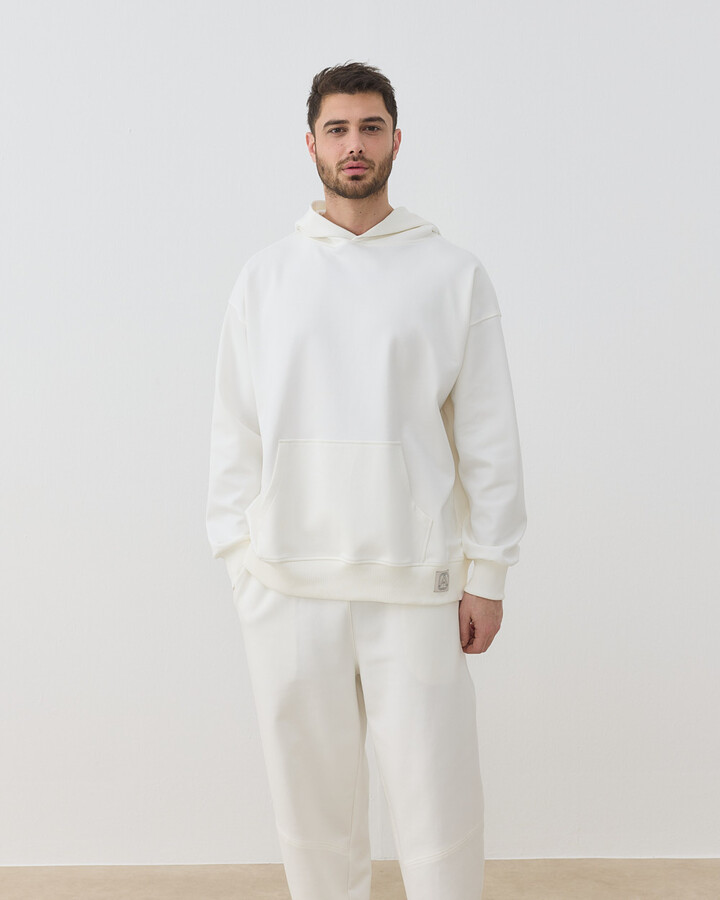 Erkek Premium Doubleface Kapüşonlu Hoodie Sweatshirt Ekru
