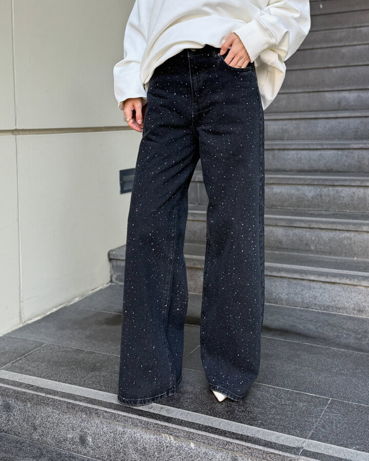 Full Taşlı Wide Leg Jean Füme