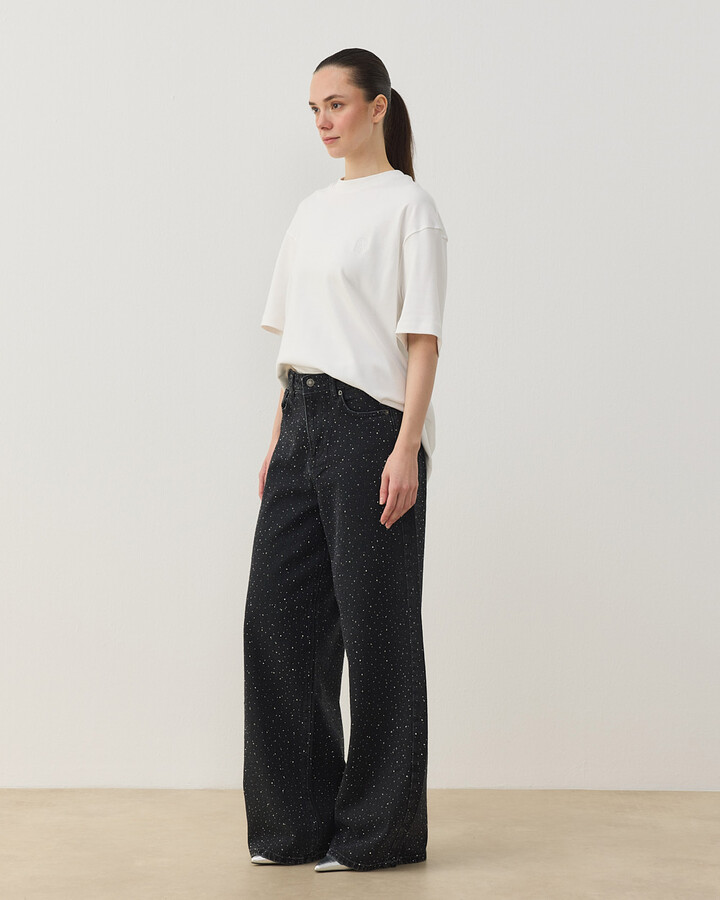 Full Taşlı Wide Leg Jean Füme
