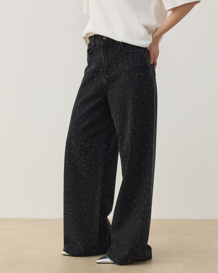 Full Taşlı Wide Leg Jean Füme