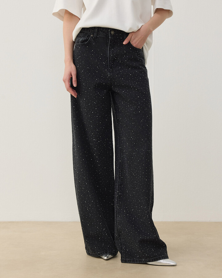 Full Taşlı Wide Leg Jean Füme