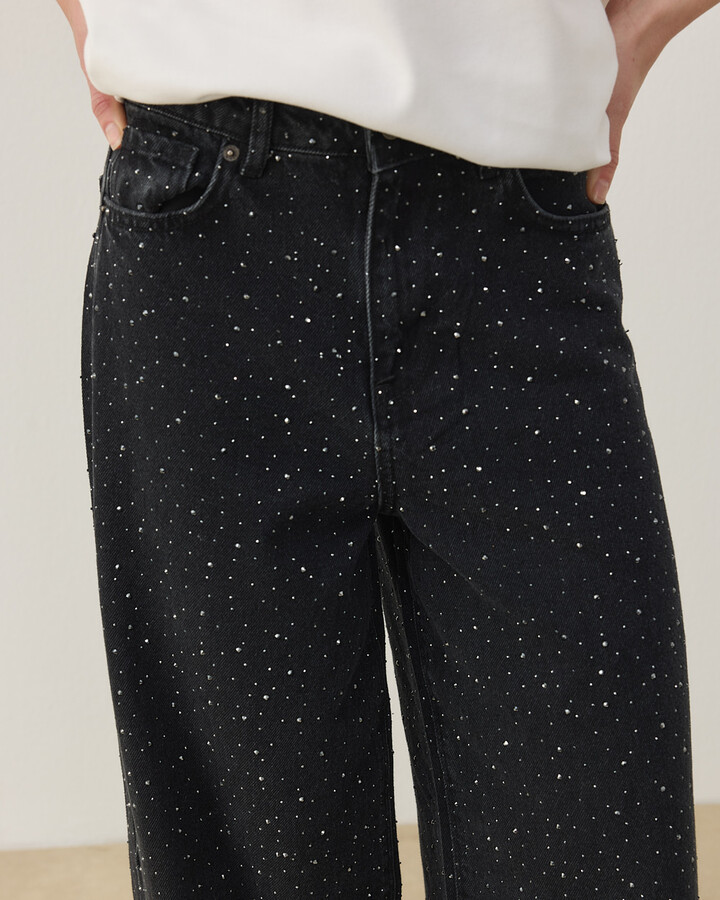 Full Taşlı Wide Leg Jean Füme