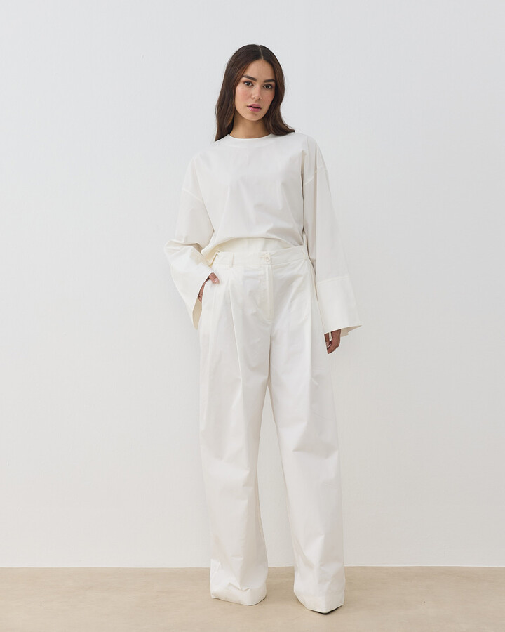 Gabardin Çift Pileli Palazzo Pantolon Ekru