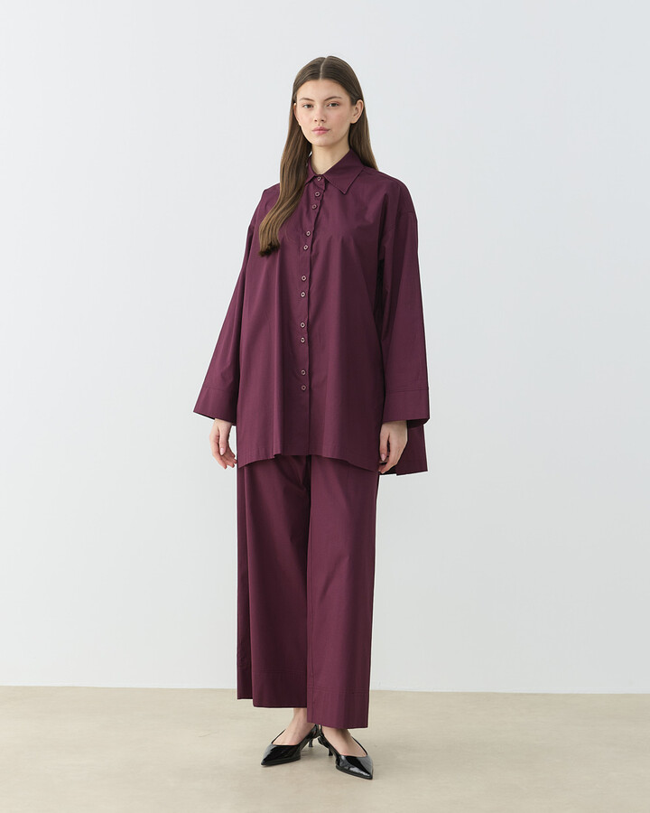 Poplin Culotte Pantolon Gömlek Takım Bordo