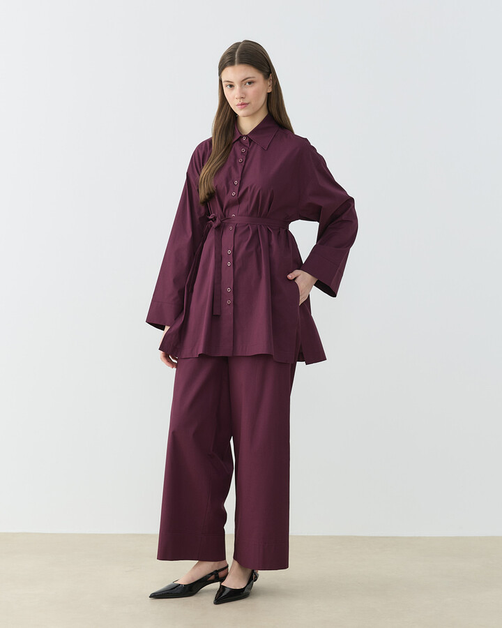 Poplin Culotte Pantolon Gömlek Takım Bordo