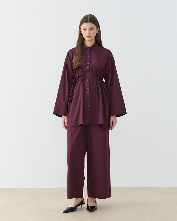 Poplin Culotte Pantolon Gömlek Takım Bordo