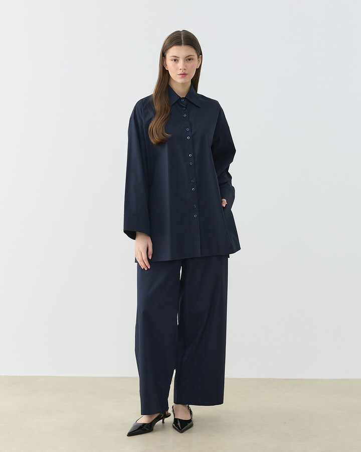 Poplin Culotte Pantolon Gömlek Takım Lacivert