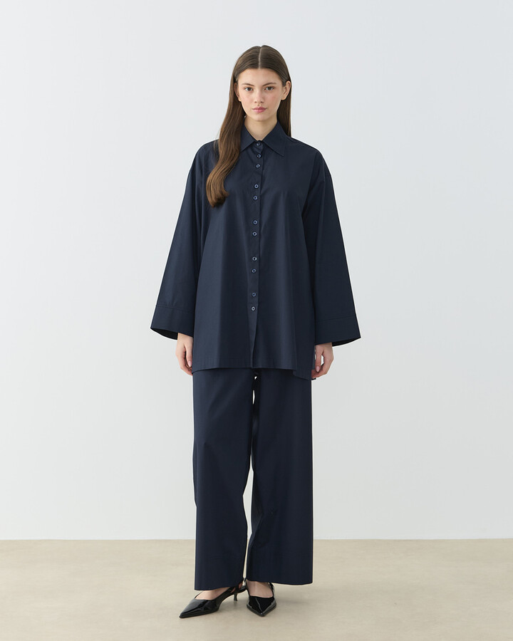 Poplin Culotte Pantolon Gömlek Takım Lacivert