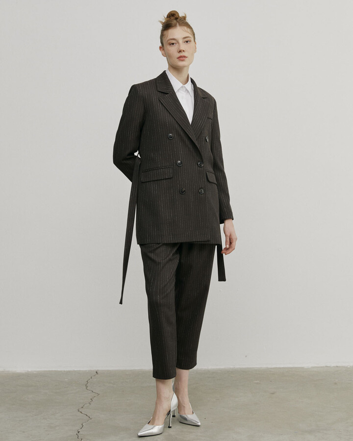 Kahve Çizgili Kruvaze Basic Blazer Ceket