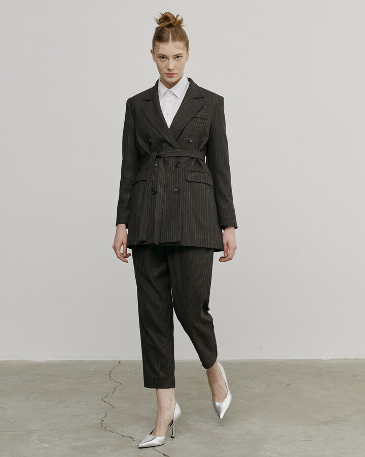 Kahve Çizgili Kruvaze Basic Blazer Ceket