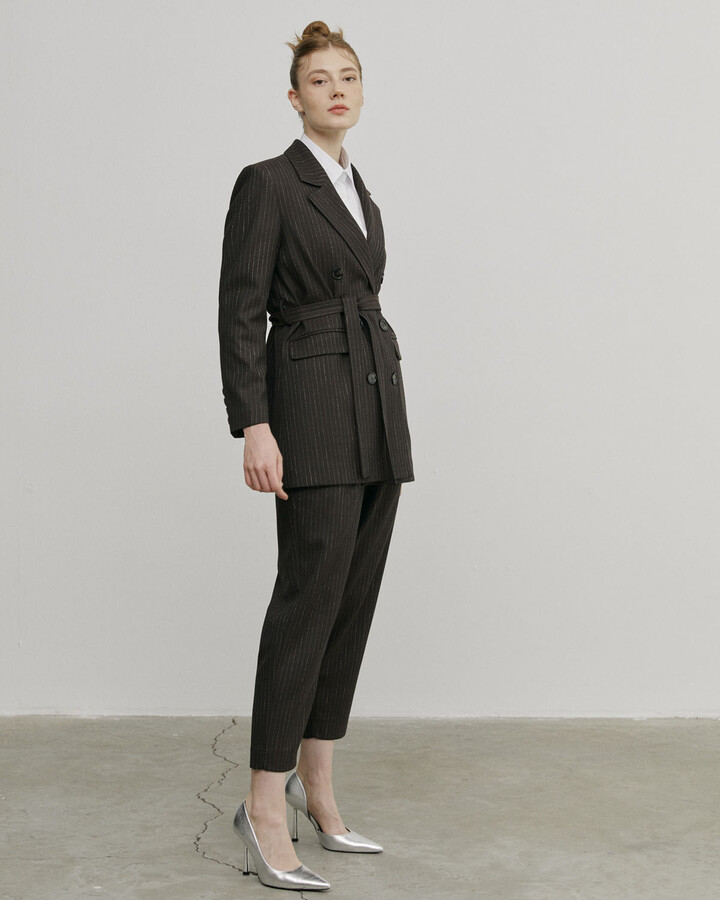 Kahve Çizgili Kruvaze Basic Blazer Ceket