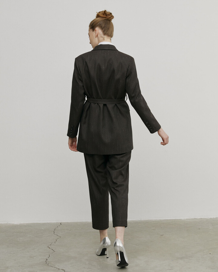 Kahve Çizgili Kruvaze Basic Blazer Ceket
