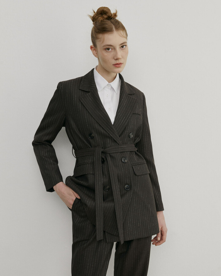 Kahve Çizgili Kruvaze Basic Blazer Ceket