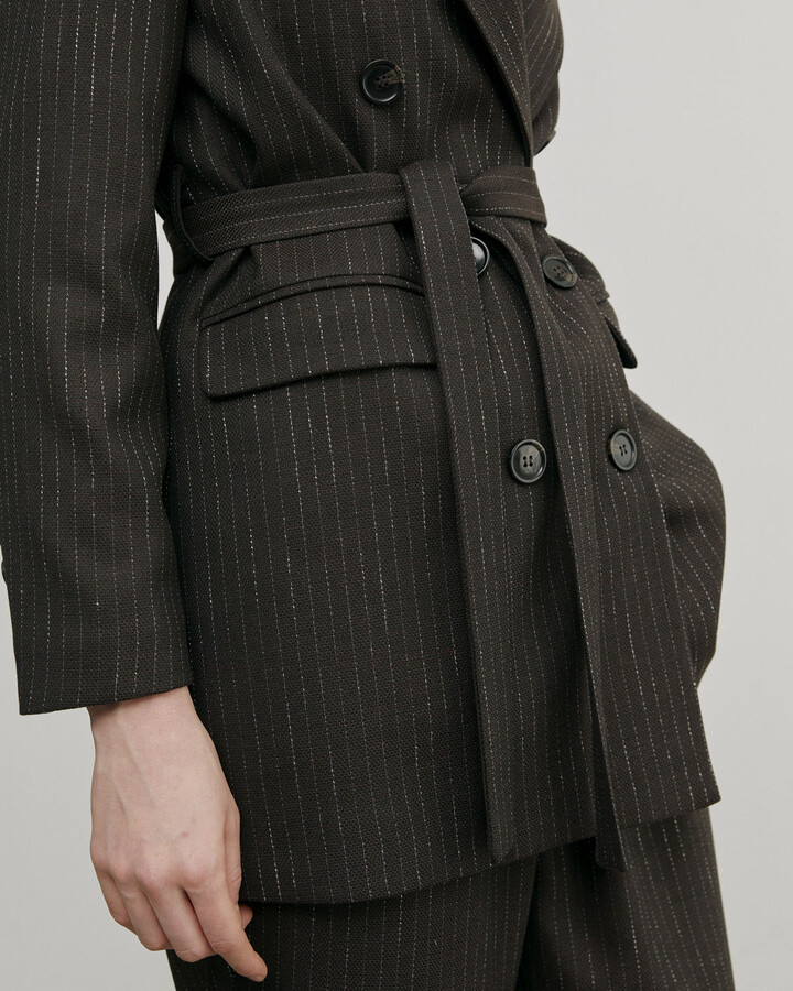 Kahve Çizgili Kruvaze Basic Blazer Ceket