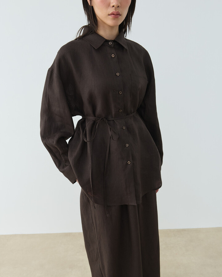 Keten Beli İpli Bol Wide Leg Pantolon Acı Kahve