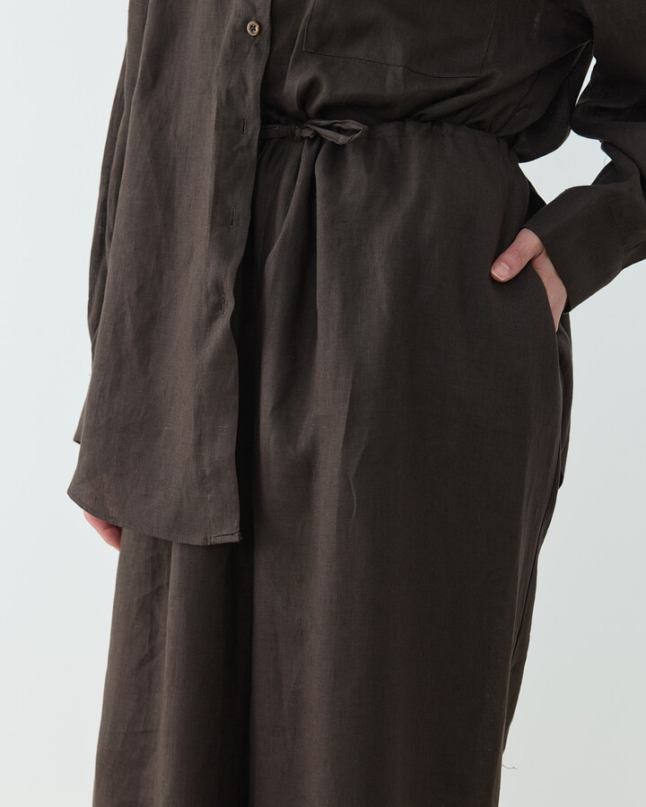 Keten Beli İpli Bol Wide Leg Pantolon Acı Kahve