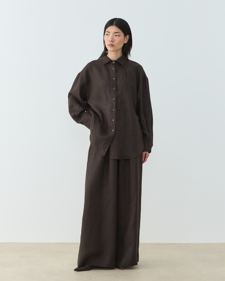 Keten Beli İpli Bol Wide Leg Pantolon Acı Kahve