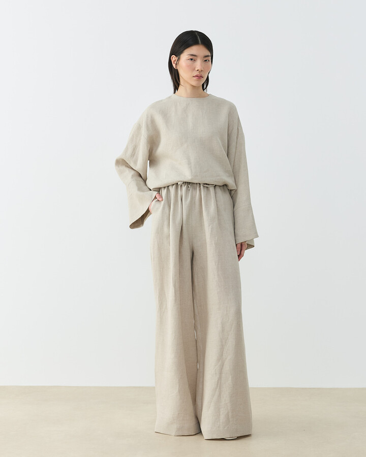 Keten Beli İpli Bol Wide Leg Pantolon Natural