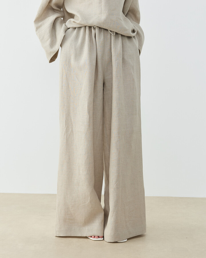 Keten Beli İpli Bol Wide Leg Pantolon Natural