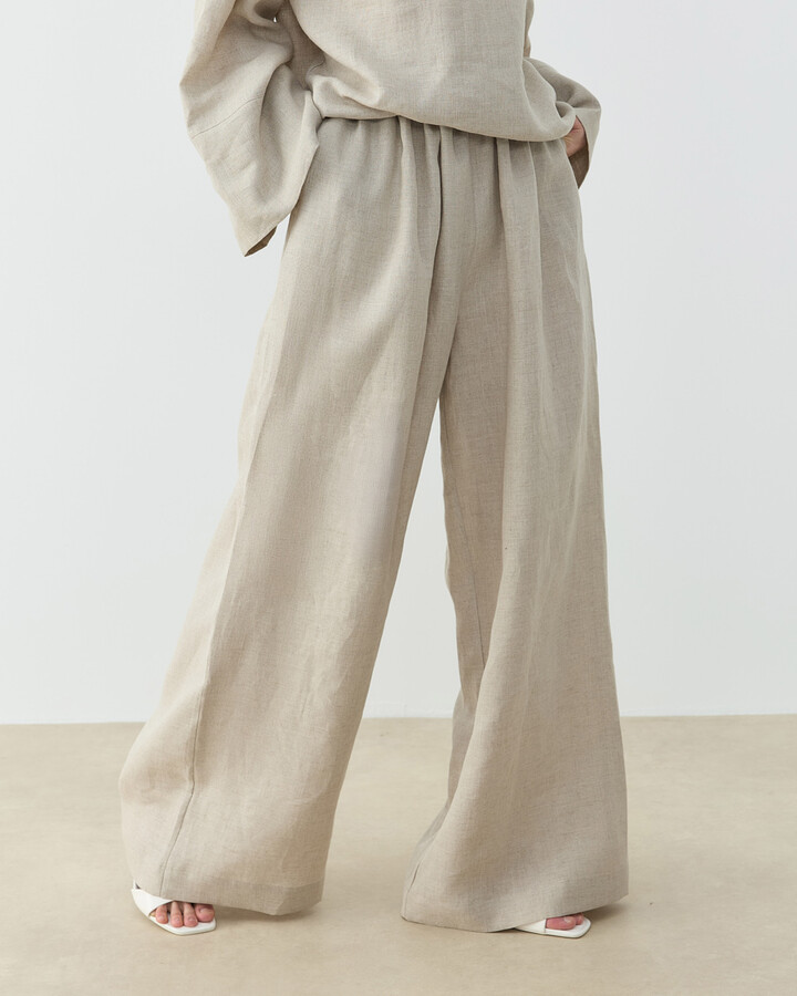 Keten Beli İpli Bol Wide Leg Pantolon Natural