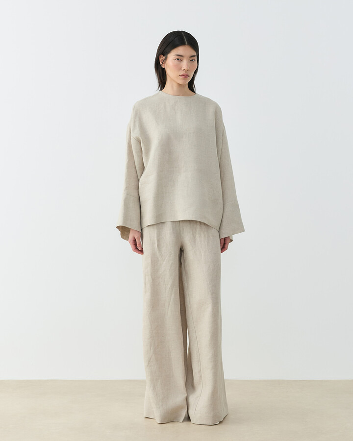 Keten Çift Pileli Barrel Fit Pantolon Natural
