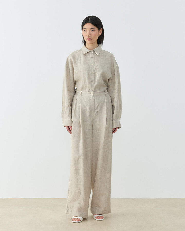 Keten Çift Pileli Barrel Fit Pantolon Natural