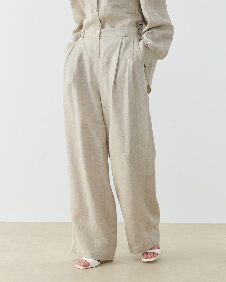 Keten Çift Pileli Barrel Fit Pantolon Natural