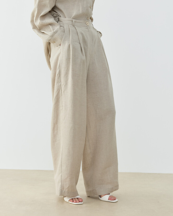 Keten Çift Pileli Barrel Fit Pantolon Natural